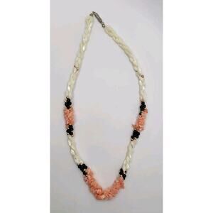 Vintage Triple Strand Braided Onyx Coral Bead MOP Rice Shell Necklace